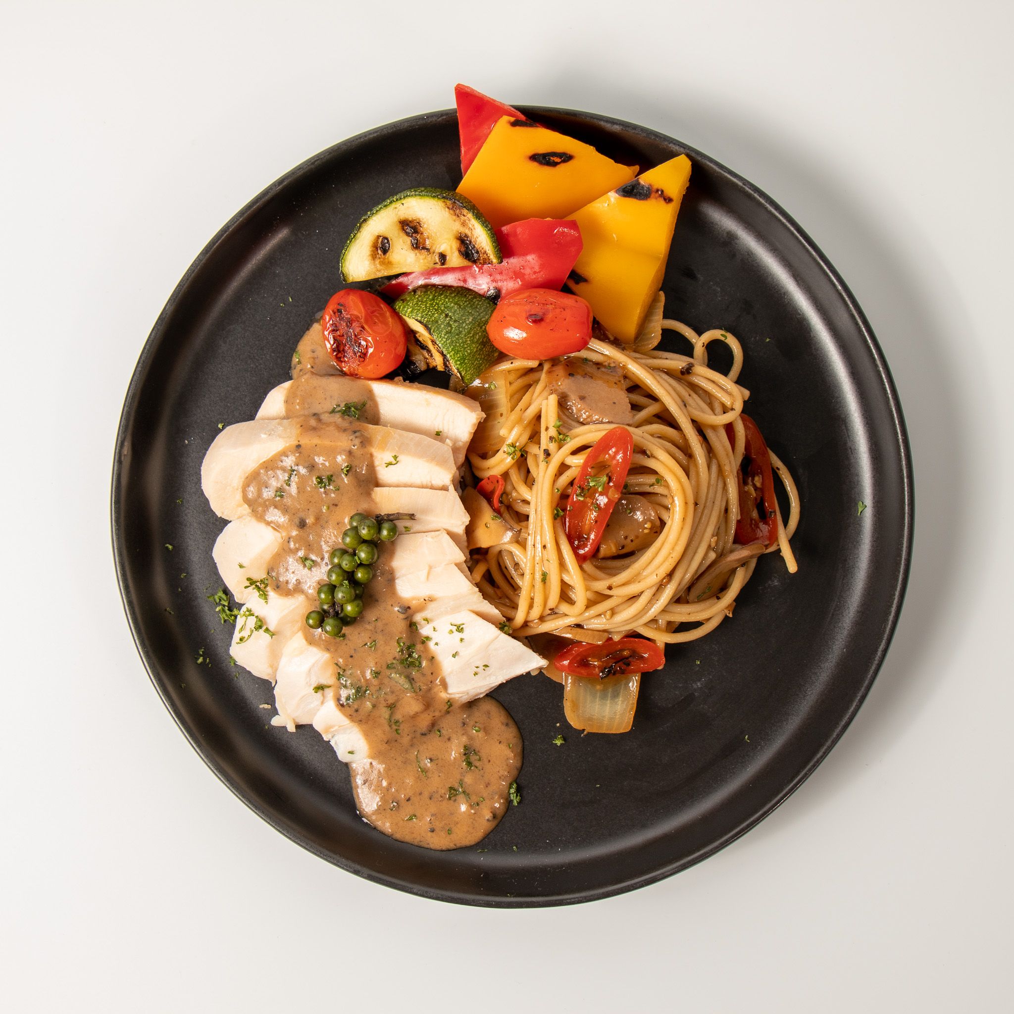 Chicken steak and whole wheat spaghetti