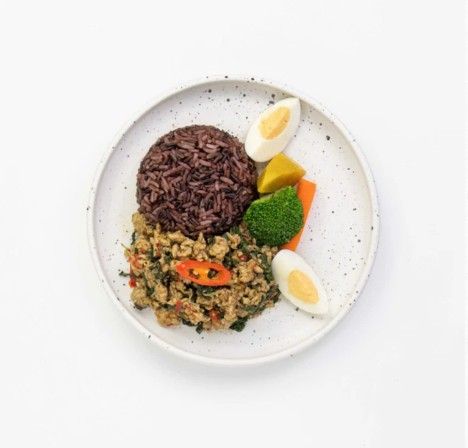 Stir-Fried Chicken With Basil And Red Cargo Rice